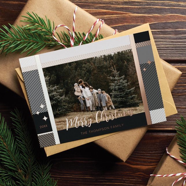 Merry Christmas Elegant Plaid Pattern Photo Frame Foil Holiday Card (Creator Uploaded)