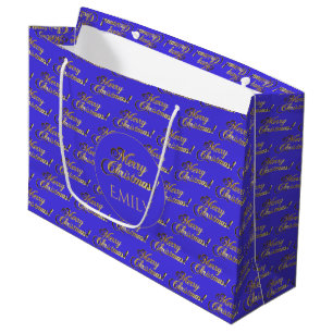 Merry Christmas Elegant Purple Gold Script Pattern Large Gift Bag