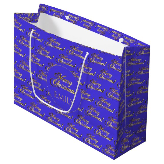 Merry Christmas Elegant Purple Gold Script Pattern Large Gift Bag (Front Angled)