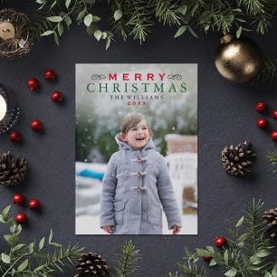 Merry Christmas Elegant Red and Green Photo Holiday Card