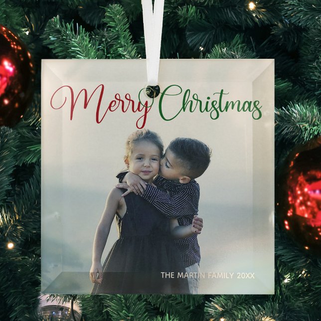 Merry Christmas Elegant Red Green Typography Photo Glass Ornament (Creator Uploaded)