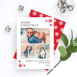 Merry Christmas Elegant Red Photo Collage Holiday Card<br><div class="desc">Elegant holiday photo collage card features "Merry Christmas" in soft black classic text and includes a minimal collage of three photo spaces, a custom greeting, and space to include the family name or family member names. Red winter snowflakes accent the front and a complementary white on red winter snowflake pattern...</div>
