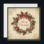Merry Christmas-Elegant Rustic Simple Typography Holiday Card<br><div class="desc">Celebrate the season with this vintage Christmas wreath design. Featuring holly leaves, pinecones, red ornaments, and a festive ribbon arranged in a classic circle, this greeting captures the charm of traditional rustic holiday décor. The aged beige background and elegant script create a warm nostalgic feeling, perfect for those who love...</div>