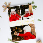 Merry Christmas Elegant Script 3 Family Photo Gold Foil Holiday Card<br><div class="desc">Elegant Merry Christmas photo card with beautiful cursive typography in gold foil. This modern holiday family photograph card features gorgeous script and your name in over 3 photos of your baby or children. Simple. Chic. Classic.</div>