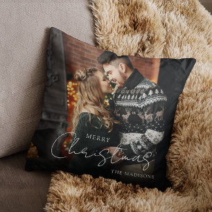 Merry Christmas Elegant Script Couple Photo Throw Pillow