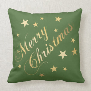 Merry Christmas Elegant Script Gold Stars Green Throw Pillow