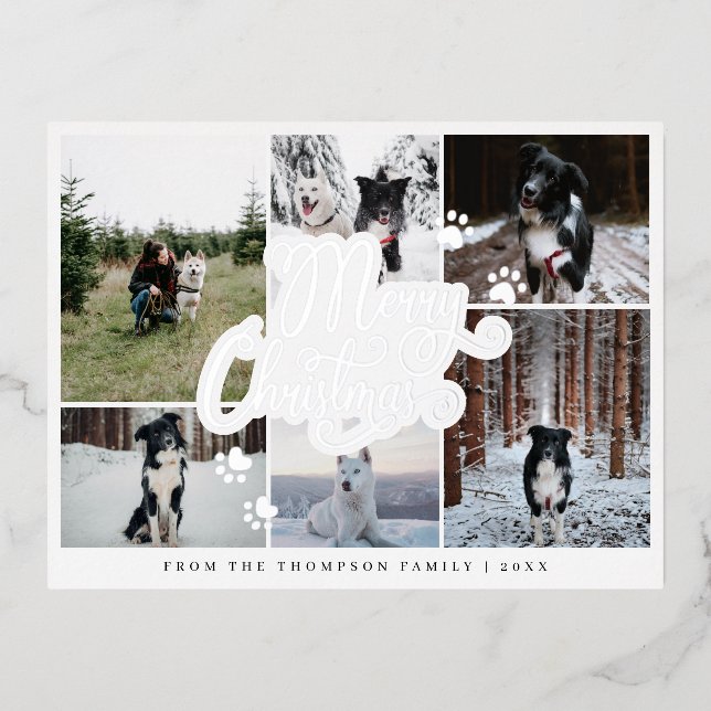 Merry Christmas Elegant Script Minimal 6 Photo Foil Holiday Postcard (Front)