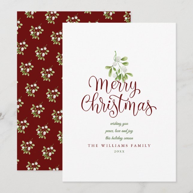 Merry Christmas Elegant Script Mistletoe Burgundy Holiday Card (Front/Back)