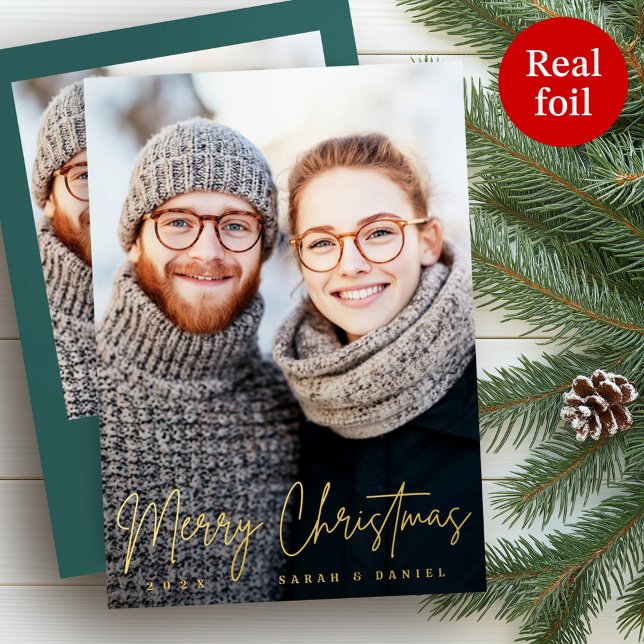 Merry Christmas elegant script pine green photo Foil Holiday Card (Merry Christmas elegant script pine green photo Foil Holiday Card)