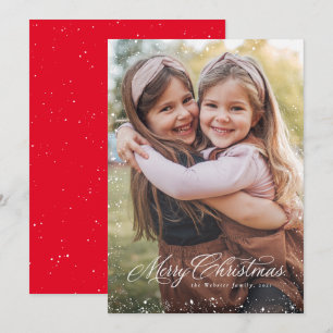 Merry Christmas elegant script red one photo snow Holiday Card