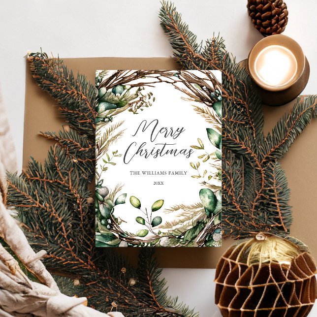 Merry Christmas Elegant Script Rustic Botanical Holiday Card (Creator Uploaded)