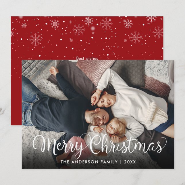 Merry Christmas Elegant Script Snowflakes Photo Holiday Card (Front/Back)