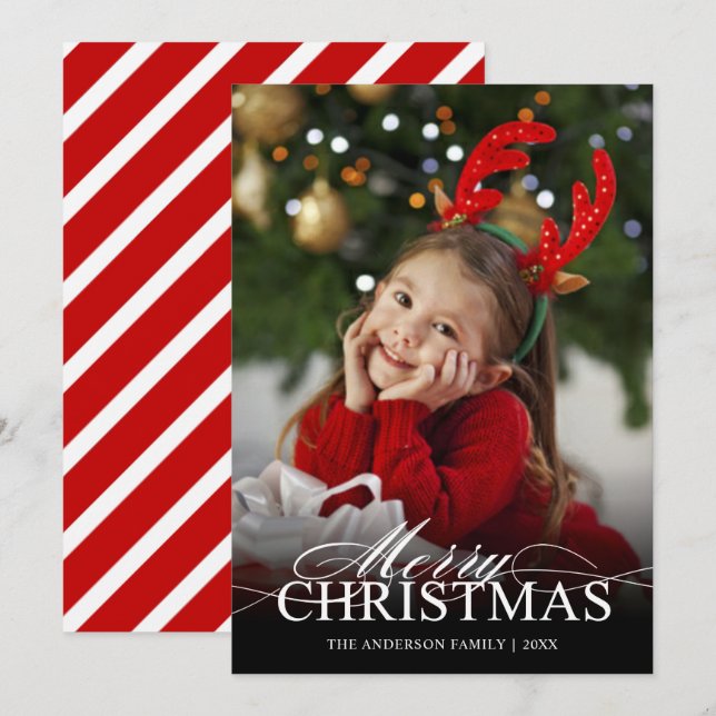 Merry Christmas Elegant Script White Text Overlay Holiday Card (Front/Back)