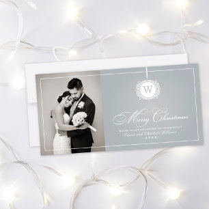 Merry Christmas Elegant Silver Monogram Photo Holiday Card