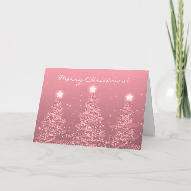 Merry Christmas Elegant Sparkling Trees Rose Gold  Holiday Card (Front)