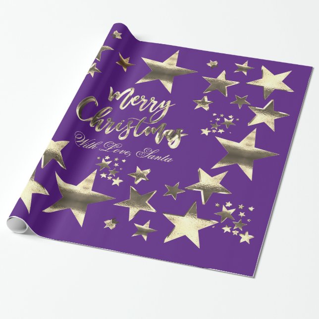 Merry Christmas Elegant Stars Pattern Purple Wrapping Paper (Unrolled)