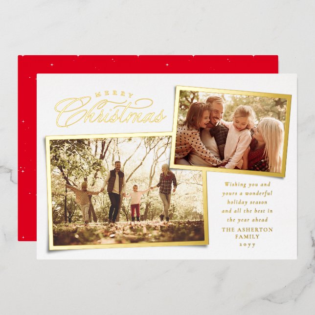 Merry Christmas elegant two photo gold white Foil Holiday Card (Front/Back)
