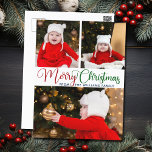 Merry Christmas Elegant Typography 3 Photo Cute Postcard<br><div class="desc">Elegant Merry Christmas photo postcard with beautiful cursive typography in red and green. This modern holiday family photograph postcard features gorgeous script and your name in blue over 3 photos.</div>