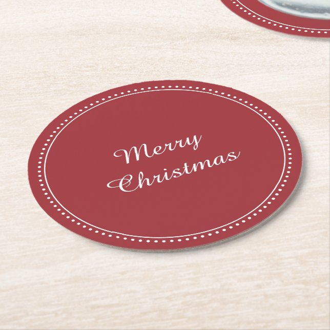 Merry Christmas Elegant White and Red Milgrain Round Paper Coaster (Angled)