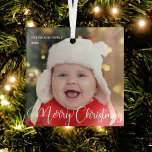 Merry Christmas Elegant White Script Baby Photo Glass Ornament<br><div class="desc">Elegant Merry Christmas photo ornament with beautiful cursive script in white. This modern holiday baby photograph gift features gorgeous typography and your custom text over the full bleed picture in white at the bottom. Perfect to celebrate a smiling baby or happy child.</div>