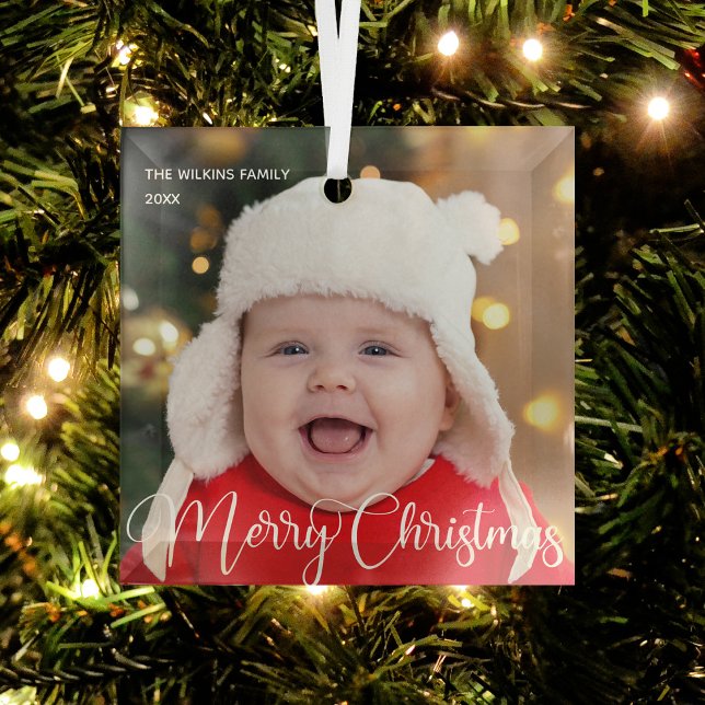 Merry Christmas Elegant White Script Baby Photo Glass Ornament (Creator Uploaded)