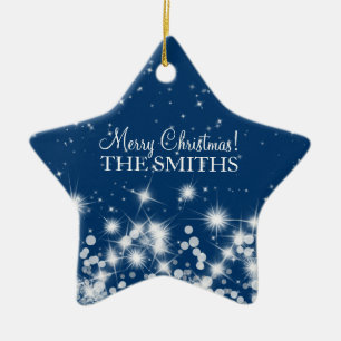 Merry Christmas Elegant Winter Sparkle Royal Blue Ceramic Ornament