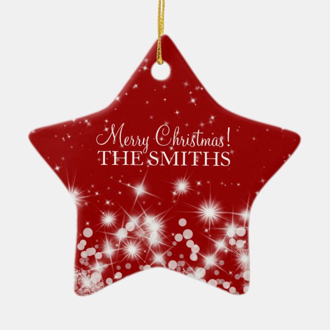 Merry Christmas Elegant Winter Sparkle Ruby Red Ceramic Ornament (Front)