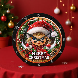 Merry Christmas Elf Child Wreath Large Clock