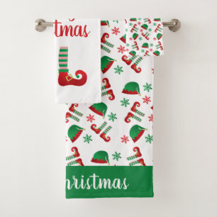 Merry Christmas Elf Hat Pattern Green Red Bath Towel Set