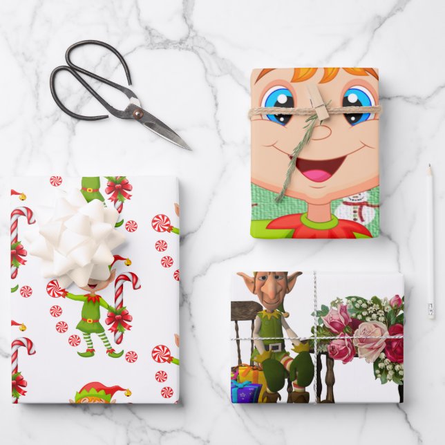 Merry Christmas Elf Santa Wrapping Paper Sheets (Front)