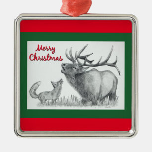 Merry Christmas Elk and Fox Metal Ornament