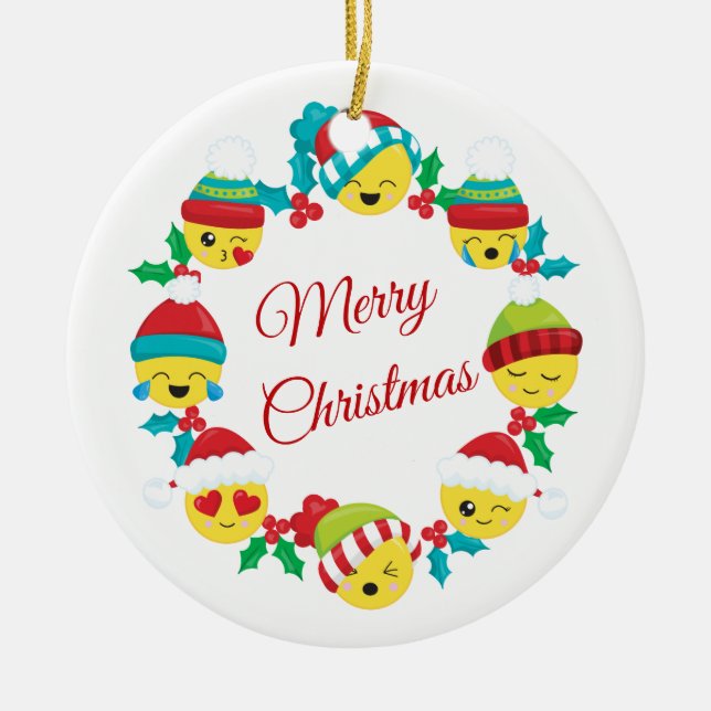 Merry Christmas Emoji Wreath Ceramic Ornament (Front)