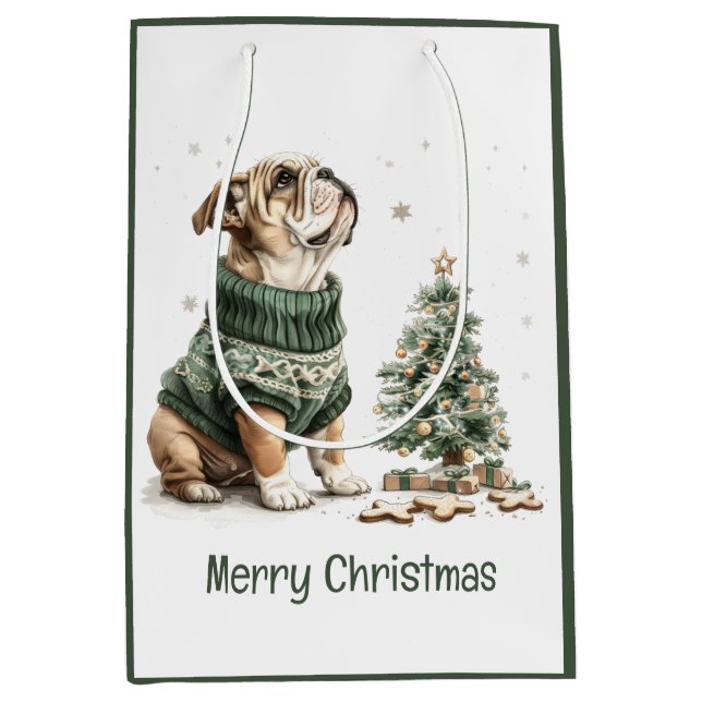 Merry Christmas English Bulldog Christmas Tree Medium Gift Bag (Front)