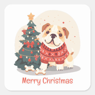 Merry Christmas English Bulldog Holiday Sweater Square Sticker