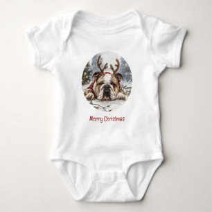 Merry Christmas English Bulldog Reindeer Baby Bodysuit