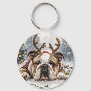 Merry Christmas English Bulldog Reindeer Keychain