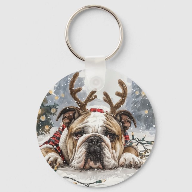 Merry Christmas English Bulldog Reindeer Keychain (Front)