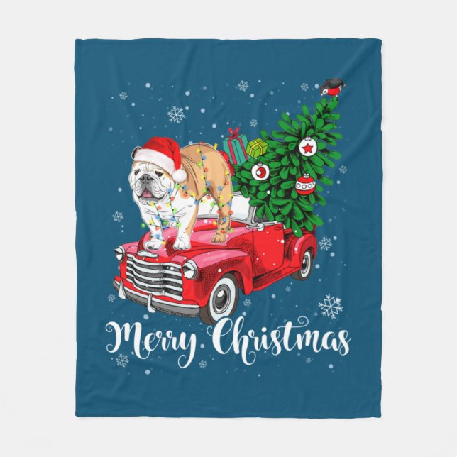 Merry Christmas English Bulldog Santa Red Truck Xm Fleece Blanket (Front)
