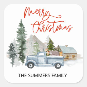 Merry Christmas Envelope Seal Rustic Truck Woods