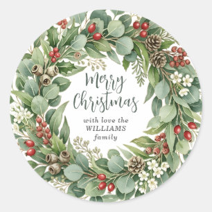 Merry Christmas Eucalyptus Botanical Christmas  Classic Round Sticker