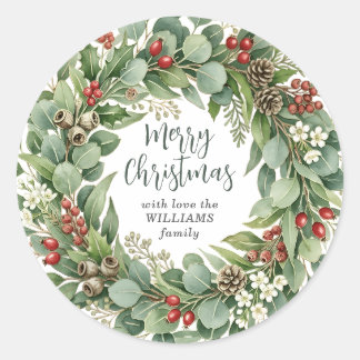 Merry Christmas Eucalyptus Botanical Christmas Classic Round Sticker