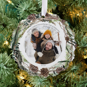 Merry Christmas Eucalyptus Winter Photo Wreath Ornament Card