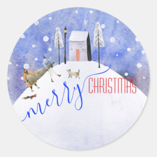 Merry Christmas Eve Snowy Winter Scene  Classic Round Sticker