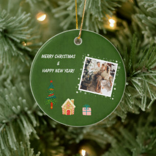 Merry Christmas Evergreen Family Photo Ceramic Ornament