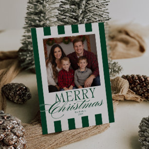 Merry Christmas Evergreen Stripes Holiday Card