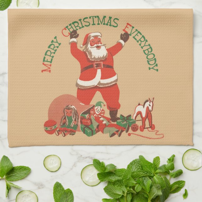 Merry Christmas Everybody! Vintage Santa Claus Kitchen Towel (Folded)