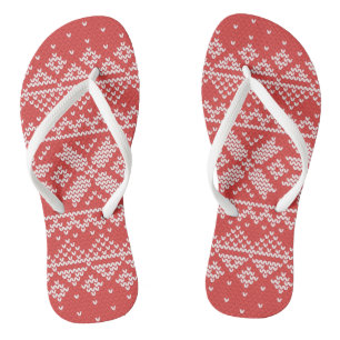 Merry Christmas Fair Isle Snowflakes White & Red Flip Flops