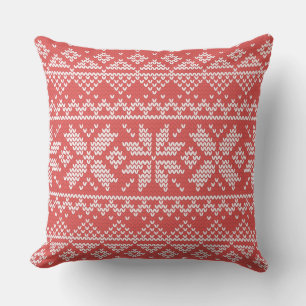Merry Christmas Fair Isle Snowflakes White & Red Outdoor Pillow