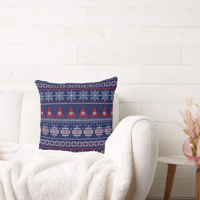 Merry Christmas Fairisle Knitting Pattern Red Blue Throw Pillow (Couch)