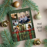Merry Christmas family 6 photos red green gold Foil Holiday Card<br><div class="desc">Elegant stylish plaid tartan real gold foil Merry Christmas script six family photos classic traditional red forest green holiday card with your custom personalized text on both sides.</div>